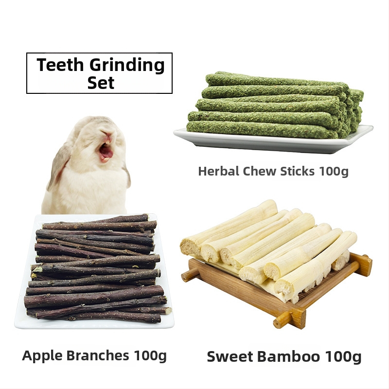 Kolm osaline närimiskomplekt väikestele graužeritele: bambusvardad, õunapuu oksad ja rohu vardad; kuiva toitu 300 g, kaubamärk Radish Valley