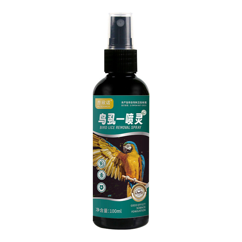 Lindude parasiitide ja sulgede ektoparasiitide vastu sprei probiootikumiga – rohekas pipra seemnete põhine formulatsioon; Kaubamärk: Jiumutang; Pärimus: Nanyang, Henan; Mõeldud lindudele