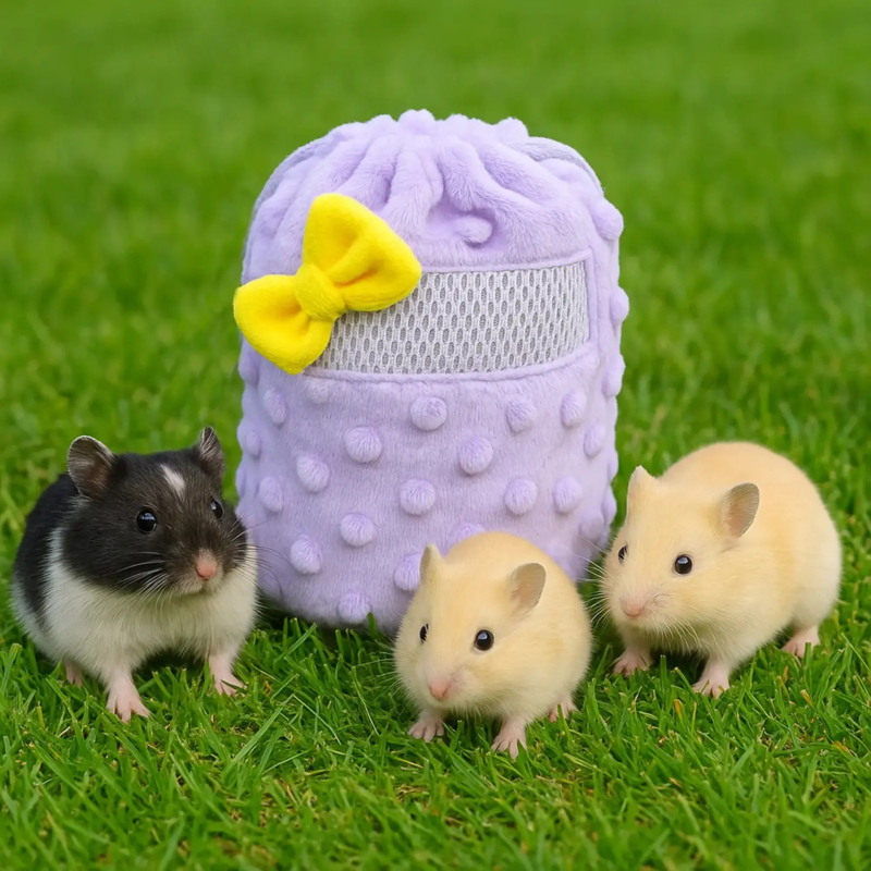 Sac pentru hamster cu plasă respirabilă și șnur, cu funda, portabil, pentru utilizare în interior și exterior (Material: fleece; Formă: ovală; Funcție: Portabil, Ventilat; Potrivit pentru: hamster; Scenarii: interior și exterior)