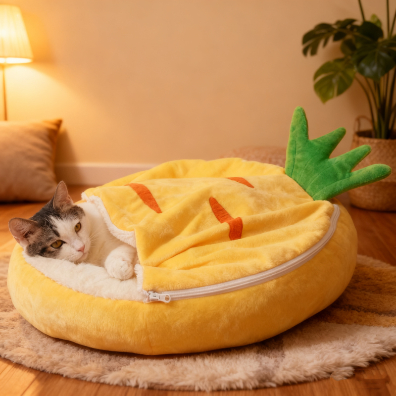 Cuib pentru pisici din pluș, design semiînchis, detașabil și lavabil, căldură de iarnă
