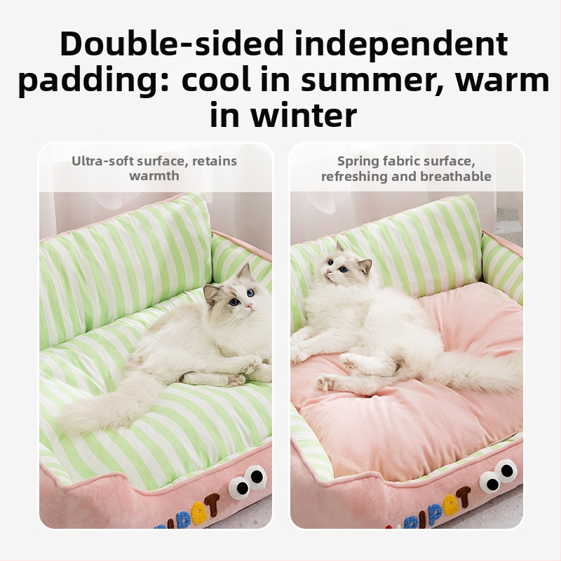 Kasside pesas – ruuduline triibuline muster, kõikide aastaaegade jaoks; Materjal: Pongee triibuline kangas; Sisu: kristalliliselt pehme; Plastist vooder; Sobib kassidele