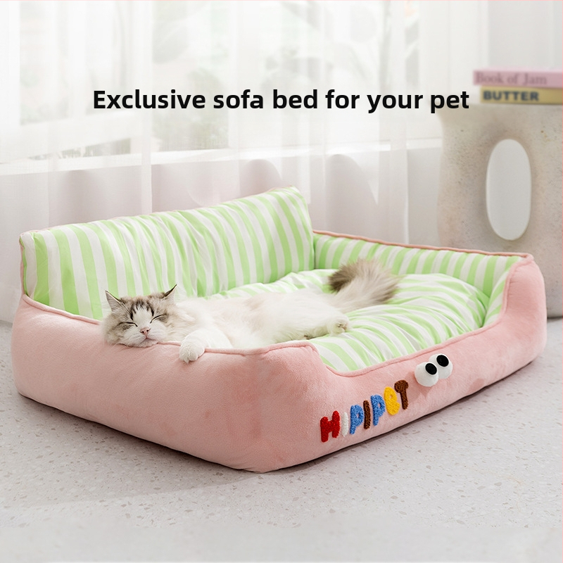 Kasside pesas – ruuduline triibuline muster, kõikide aastaaegade jaoks; Materjal: Pongee triibuline kangas; Sisu: kristalliliselt pehme; Plastist vooder; Sobib kassidele