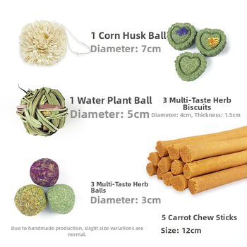 Sausa pašaro mažiems gyvūnams: triušiams, hamsters, žiurkėnams ir činčiloms; sudėtis: morkų/žolė tortas; pakuotė 80 vnt.; svoris apie 200 g