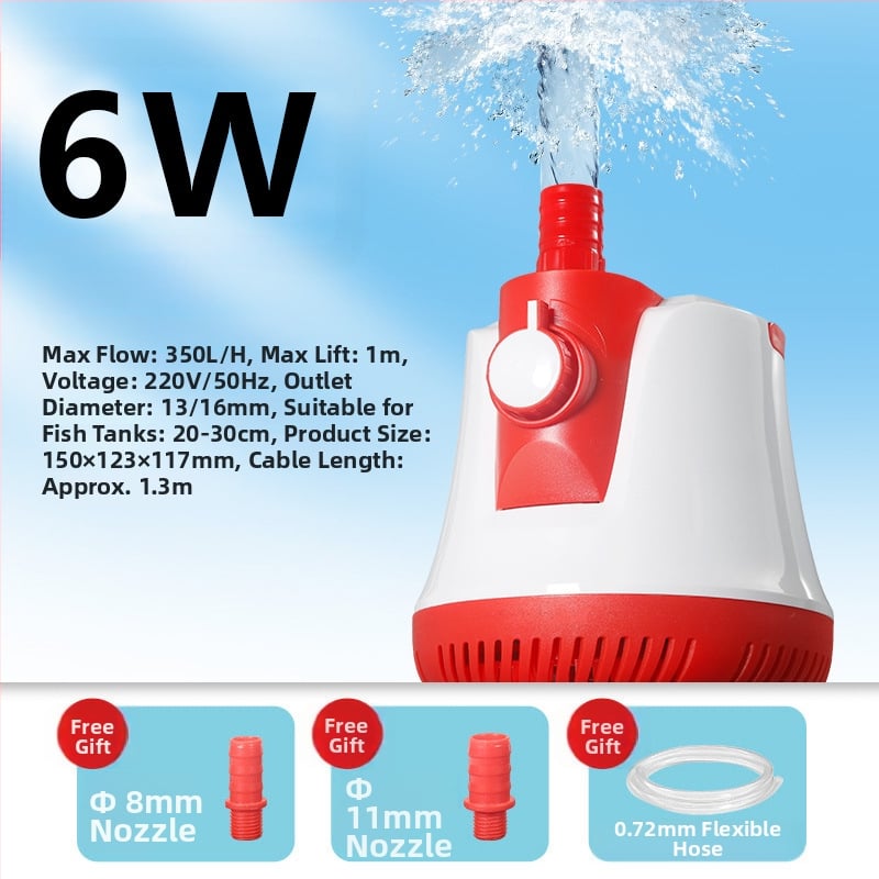 Потопяема помпа с долно засмукване, регулируем поток — за водно изпомпване, циркулация и засмукване на отпадъци, филтрация и почистване на аквариум