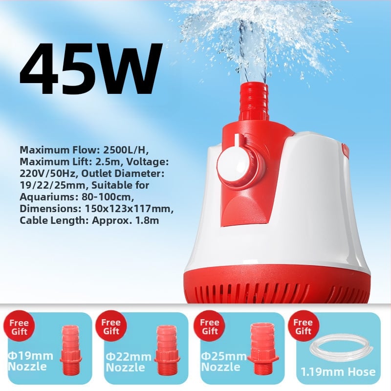 Потопяема помпа с долно засмукване, регулируем поток — за водно изпомпване, циркулация и засмукване на отпадъци, филтрация и почистване на аквариум