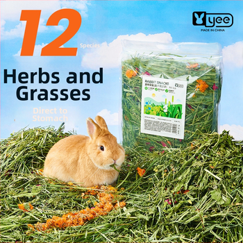 Yee triušių šienas — 12 rūšių: timotijų žolė, liucerna, avižos, mėtos, cikorijos žolė; džiovintas pašaras naminiams gyvūnams, 500 g, 1 pakuotė