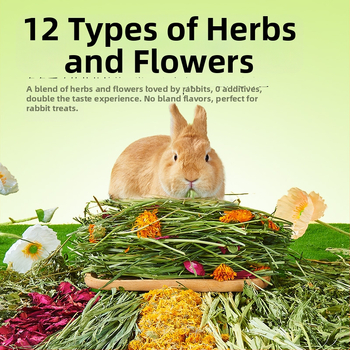 Yee triušių šienas — 12 rūšių: timotijų žolė, liucerna, avižos, mėtos, cikorijos žolė; džiovintas pašaras naminiams gyvūnams, 500 g, 1 pakuotė