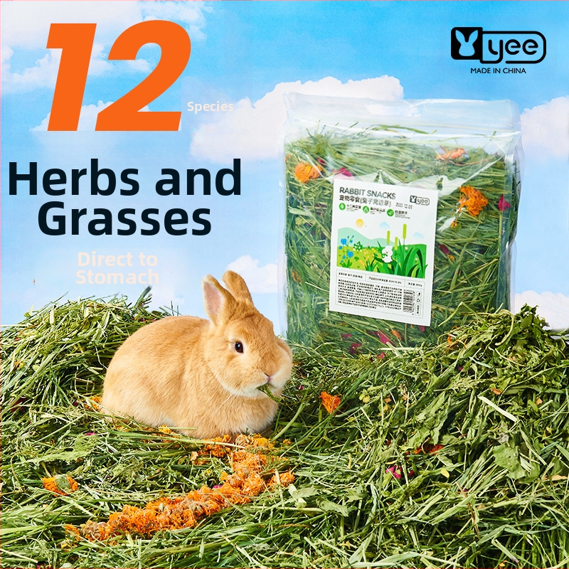 Yee triušių šienas — 12 rūšių: timotijų žolė, liucerna, avižos, mėtos, cikorijos žolė; džiovintas pašaras naminiams gyvūnams, 500 g, 1 pakuotė