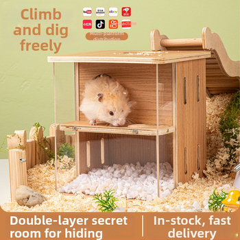 Drveno gnijezdo za hrčka s dvostrukim prozirnim akrilnim kućištem i bazenom za kopanje (Podrijetlo: Linyi, Shandong)