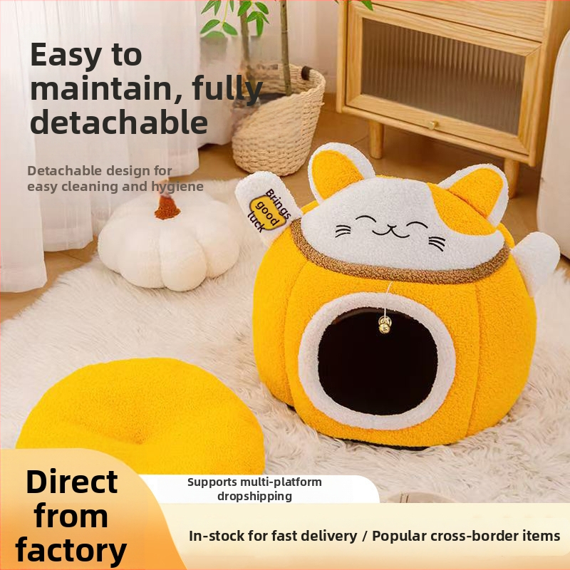 Sulgitud ümar kassipesa, talvise soe, suure ruumiga disain