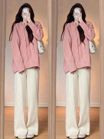 Nėščiųjų dviejų dalių komplektas: laisvas viršus su ilgomis rankovėmis ir plačios kelnės, flisinis pamušalas; audinys poliesterio 70–80% ir medvilnės 20–30% — rudens-žiemos 2025, japonų-korejiečių laisvas stilius