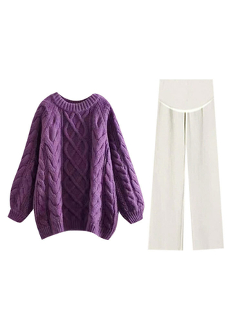 Nėščiųjų dviejų dalių komplektas: laisvas viršus su ilgomis rankovėmis ir plačios kelnės, flisinis pamušalas; audinys poliesterio 70–80% ir medvilnės 20–30% — rudens-žiemos 2025, japonų-korejiečių laisvas stilius