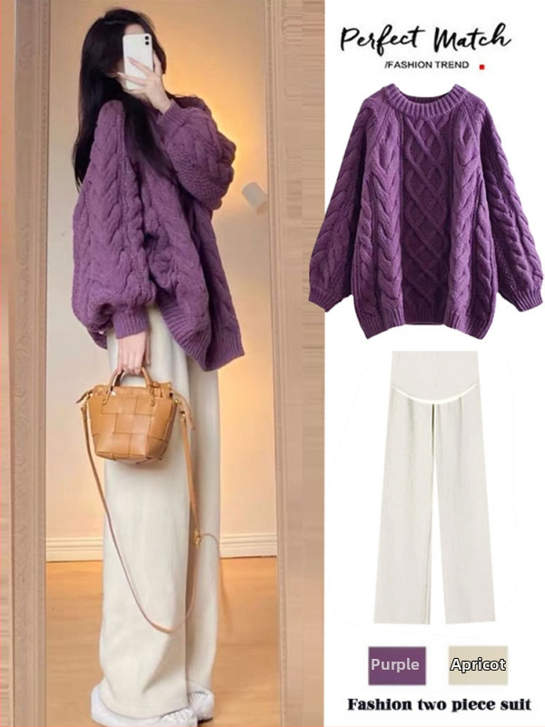 Nėščiųjų dviejų dalių komplektas: laisvas viršus su ilgomis rankovėmis ir plačios kelnės, flisinis pamušalas; audinys poliesterio 70–80% ir medvilnės 20–30% — rudens-žiemos 2025, japonų-korejiečių laisvas stilius