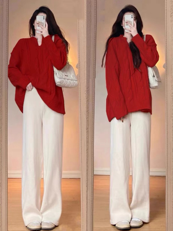 Nėščiųjų dviejų dalių komplektas: laisvas viršus su ilgomis rankovėmis ir plačios kelnės, flisinis pamušalas; audinys poliesterio 70–80% ir medvilnės 20–30% — rudens-žiemos 2025, japonų-korejiečių laisvas stilius