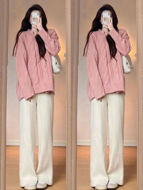 Nėščiųjų dviejų dalių komplektas: laisvas viršus su ilgomis rankovėmis ir plačios kelnės, flisinis pamušalas; audinys poliesterio 70–80% ir medvilnės 20–30% — rudens-žiemos 2025, japonų-korejiečių laisvas stilius