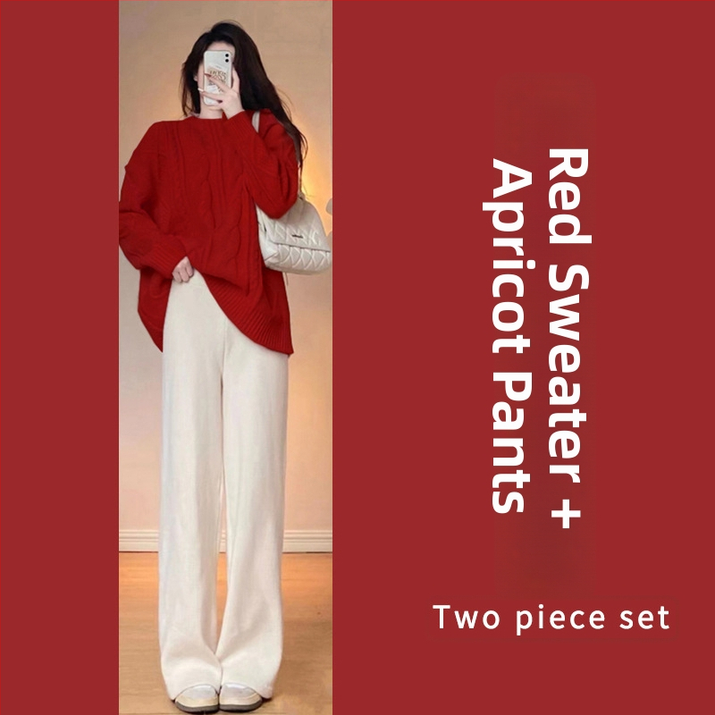 Nėščiųjų dviejų dalių komplektas: laisvas viršus su ilgomis rankovėmis ir plačios kelnės, flisinis pamušalas; audinys poliesterio 70–80% ir medvilnės 20–30% — rudens-žiemos 2025, japonų-korejiečių laisvas stilius