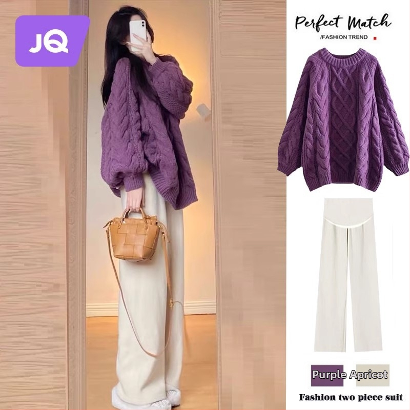 Nėščiųjų dviejų dalių komplektas: laisvas viršus su ilgomis rankovėmis ir plačios kelnės, flisinis pamušalas; audinys poliesterio 70–80% ir medvilnės 20–30% — rudens-žiemos 2025, japonų-korejiečių laisvas stilius