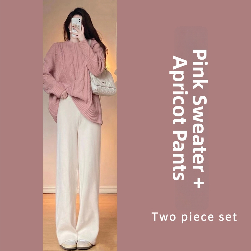 Nėščiųjų dviejų dalių komplektas: laisvas viršus su ilgomis rankovėmis ir plačios kelnės, flisinis pamušalas; audinys poliesterio 70–80% ir medvilnės 20–30% — rudens-žiemos 2025, japonų-korejiečių laisvas stilius