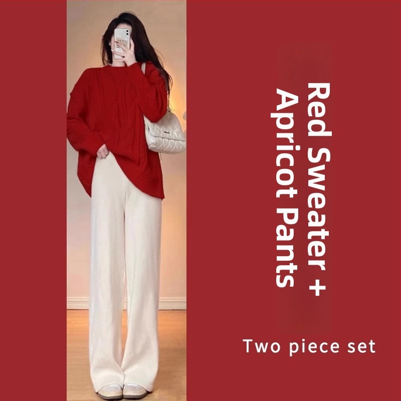 Nėščiųjų dviejų dalių komplektas: laisvas viršus su ilgomis rankovėmis ir plačios kelnės, flisinis pamušalas; audinys poliesterio 70–80% ir medvilnės 20–30% — rudens-žiemos 2025, japonų-korejiečių laisvas stilius