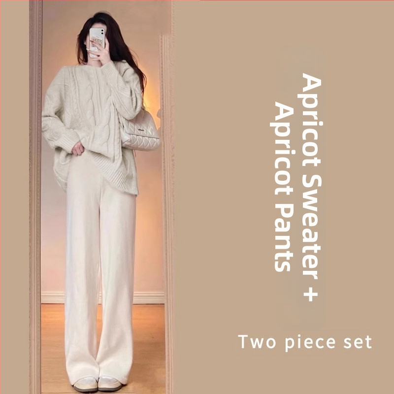 Nėščiųjų dviejų dalių komplektas: laisvas viršus su ilgomis rankovėmis ir plačios kelnės, flisinis pamušalas; audinys poliesterio 70–80% ir medvilnės 20–30% — rudens-žiemos 2025, japonų-korejiečių laisvas stilius