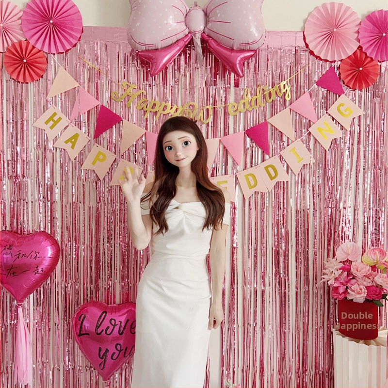 Vestuvinės patalpų fono rekvizitas – romantiška nuotaika, kaspinų dekoracijos, plastmasės medžiaga, tinkama vestuvėms