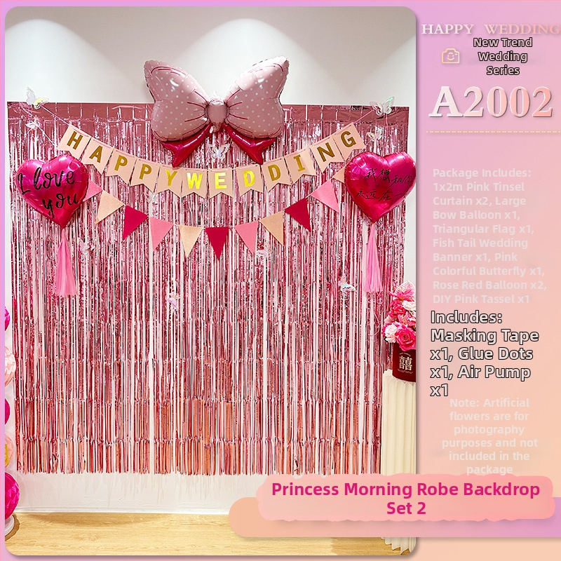 Vestuvinės patalpų fono rekvizitas – romantiška nuotaika, kaspinų dekoracijos, plastmasės medžiaga, tinkama vestuvėms