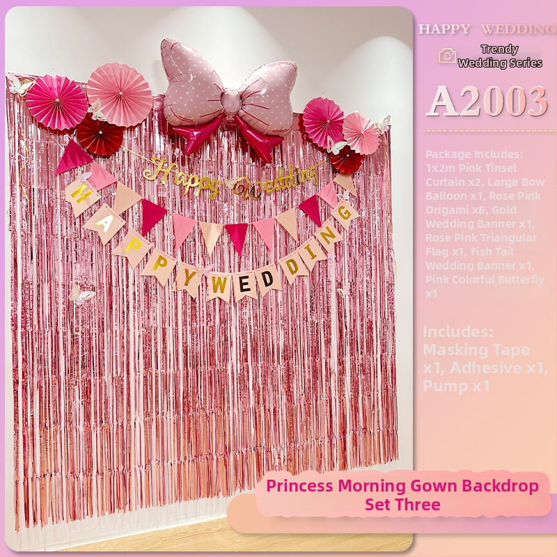 Vestuvinės patalpų fono rekvizitas – romantiška nuotaika, kaspinų dekoracijos, plastmasės medžiaga, tinkama vestuvėms