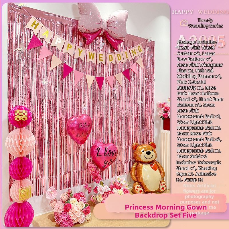 Vestuvinės patalpų fono rekvizitas – romantiška nuotaika, kaspinų dekoracijos, plastmasės medžiaga, tinkama vestuvėms