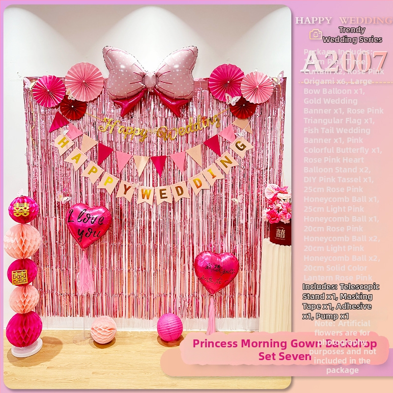 Vestuvinės patalpų fono rekvizitas – romantiška nuotaika, kaspinų dekoracijos, plastmasės medžiaga, tinkama vestuvėms