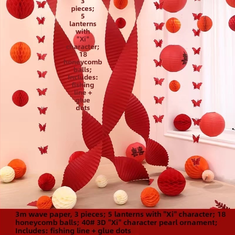 Set za uređenje sobe za vjenčanje — papirnati elementi i vrpce, rekviziti za uređenje prostora