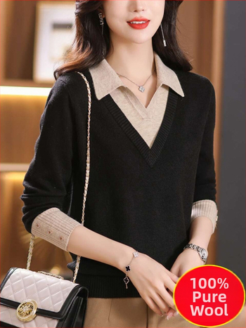 Moteriškas vilnos megztinis su gobtuvu — netikro dviejų dalių dizainas, laisvas siluetas, žakardo mezgimas