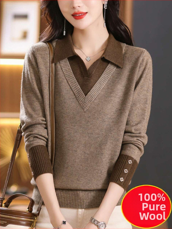 Moteriškas vilnos megztinis su gobtuvu — netikro dviejų dalių dizainas, laisvas siluetas, žakardo mezgimas