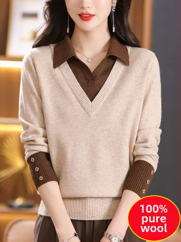 Moteriškas vilnos megztinis su gobtuvu — netikro dviejų dalių dizainas, laisvas siluetas, žakardo mezgimas