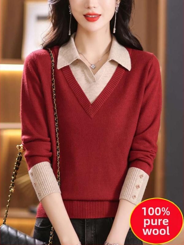 Moteriškas vilnos megztinis su gobtuvu — netikro dviejų dalių dizainas, laisvas siluetas, žakardo mezgimas