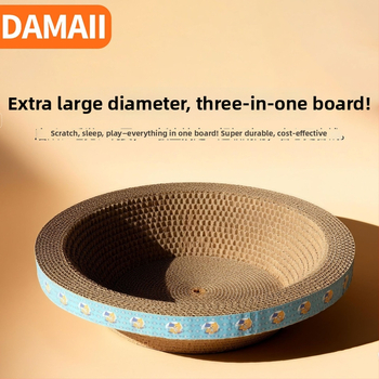 DAMAII viļņota kartona kaķu skrāpēšanas trauka – apaļa skrāpēšanas trauka, izturīga pret nolietošanās, bez pūkām, kaķu rotaļlieta karikatūras stilā