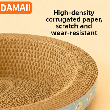 DAMAII viļņota kartona kaķu skrāpēšanas trauka – apaļa skrāpēšanas trauka, izturīga pret nolietošanās, bez pūkām, kaķu rotaļlieta karikatūras stilā