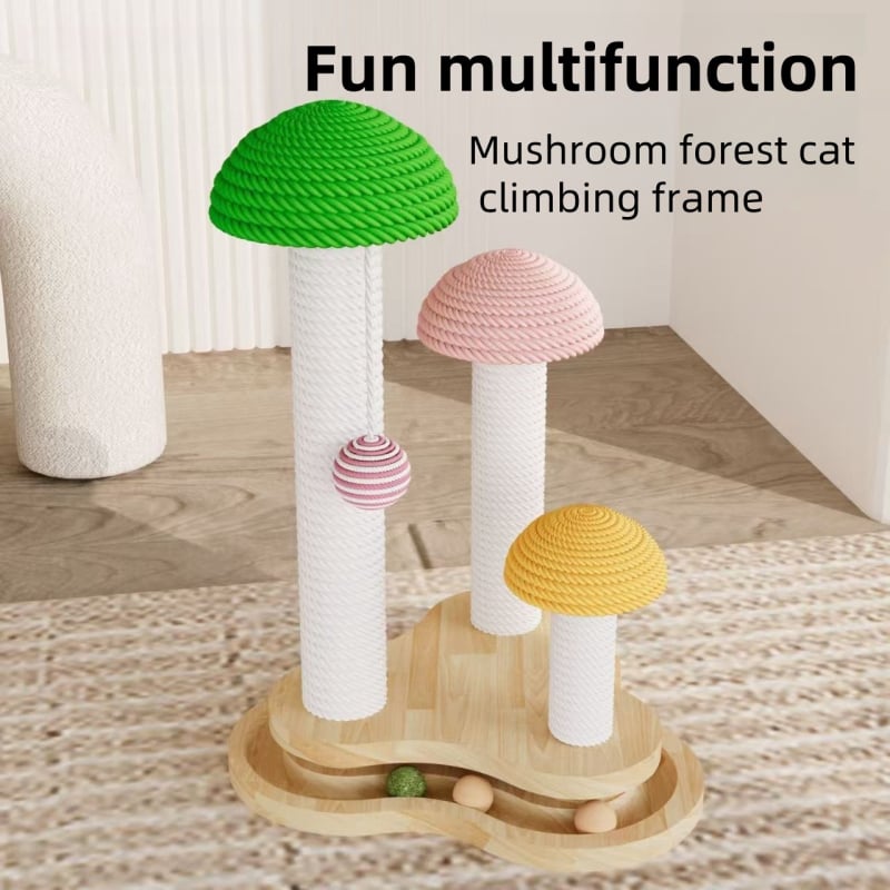 Medinis katės įbrėžimų stulpas su integruota pasukama plokštele ir žaislu — minimalistinis dizainas, be prekinio ženklo