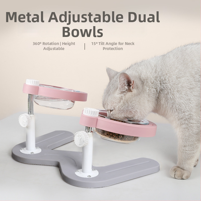 Paceltā dubultā kaķu ēdiena bļoda ar slīpu muti un kakla aizsardzību — materiāls ABS+metāls+stikls, zīmols Midali, izcelsme Zhejiang