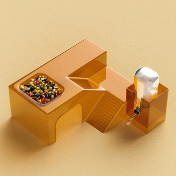 Hamsterių buveinė su panoraminiu skaidriu lizdu, taku ir vila; įskaičiuota vandens buteliukas ir maisto dubuo — Plastmasė, Prekės ženklas Silly Darling