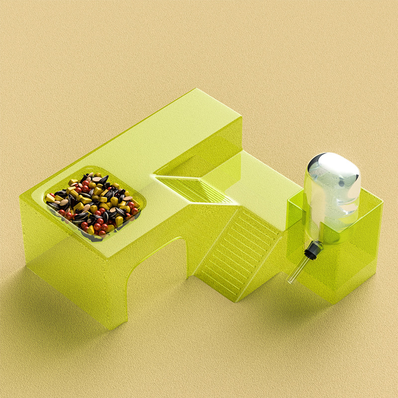 Hamsterių buveinė su panoraminiu skaidriu lizdu, taku ir vila; įskaičiuota vandens buteliukas ir maisto dubuo — Plastmasė, Prekės ženklas Silly Darling