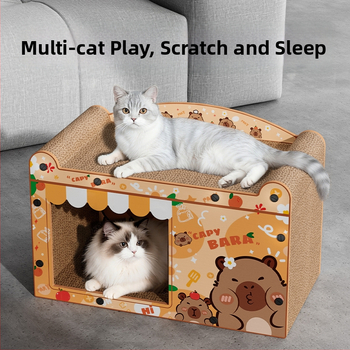 Kaķu ligzda ar skrāpēšanas dēli no viļņota kartona, karikatūras stilā, 1 gab