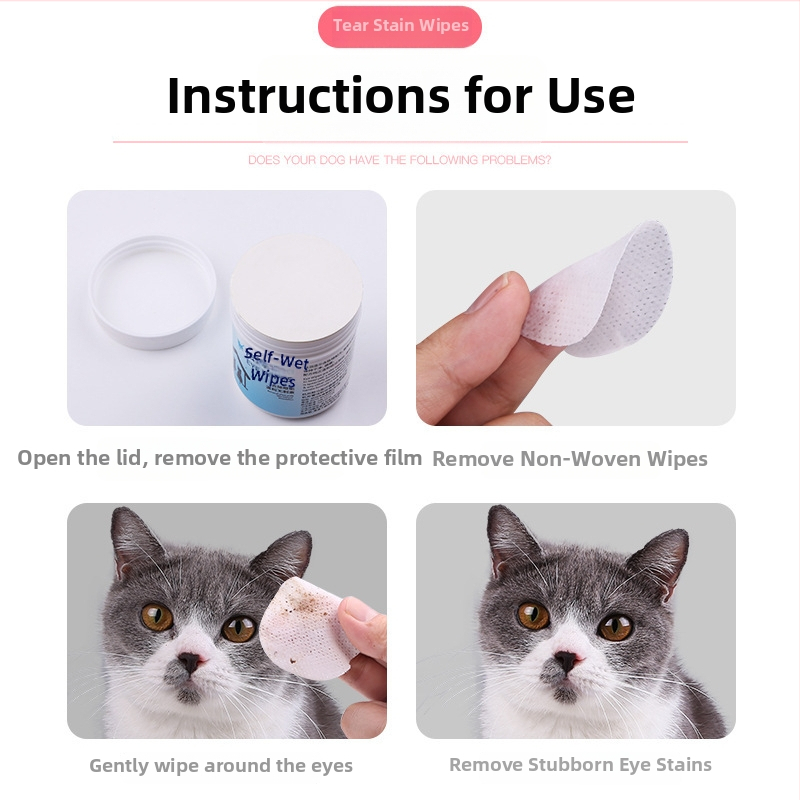 Mājdzīvnieku acu salvetes, kaķiem un suņiem, asaras traipu mazināšana, materiāls: papīra salvetes