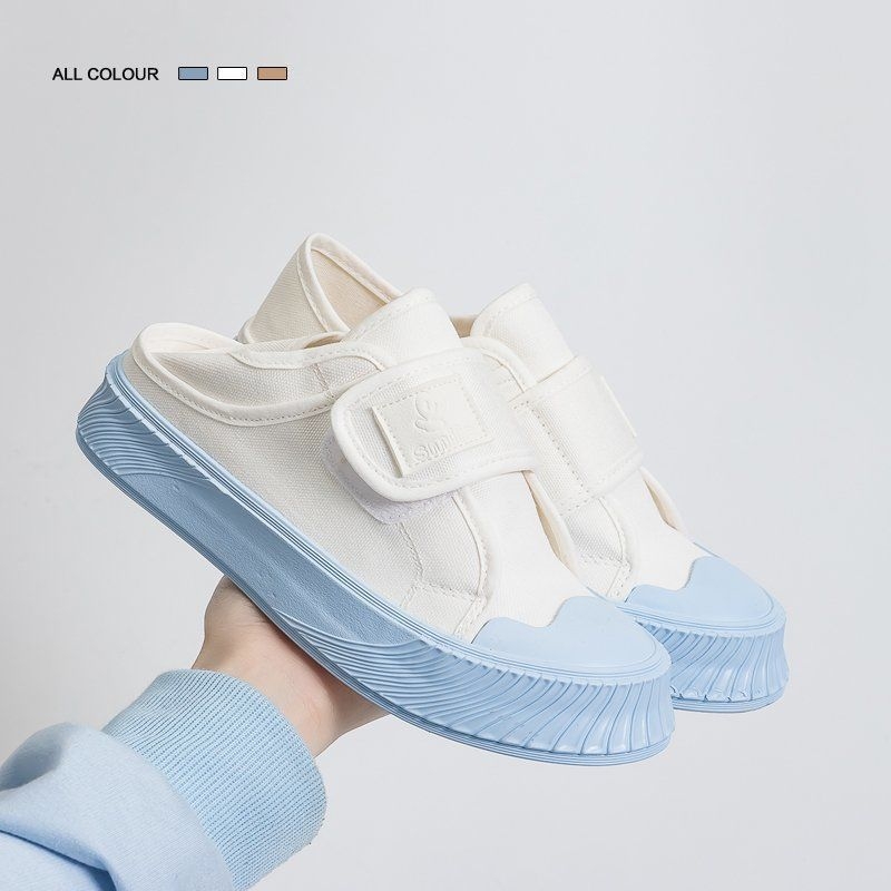 Moteriški kanvasiniai sportbačiai su Velcro, aukštas viršus, medvilninis viršus, vulkanizuota gumos pada, vieno spalvos modelis, vasaros sezonai