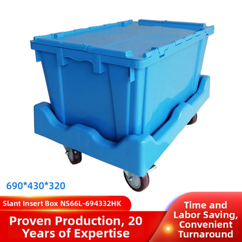 Turnover saugojimo dėžutė su dangteliu, PP plastikas, apkrova 30 kg, sienos storis 2,5 mm, vidiniai matmenys 640x390x300, talpinama iki 5 lygių