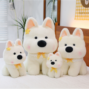 Pliušinė šunų lėlė, aukštos kokybės plišas, PP medvilnės įdėklas, tinklinė pakuotė, pritaikomi pavyzdžiai