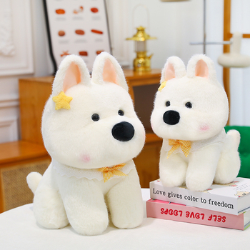 Pliušinė šunų lėlė, aukštos kokybės plišas, PP medvilnės įdėklas, tinklinė pakuotė, pritaikomi pavyzdžiai