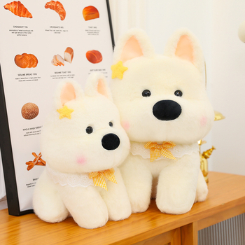 Pliušinė šunų lėlė, aukštos kokybės plišas, PP medvilnės įdėklas, tinklinė pakuotė, pritaikomi pavyzdžiai