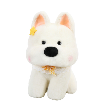 Pliušinė šunų lėlė, aukštos kokybės plišas, PP medvilnės įdėklas, tinklinė pakuotė, pritaikomi pavyzdžiai