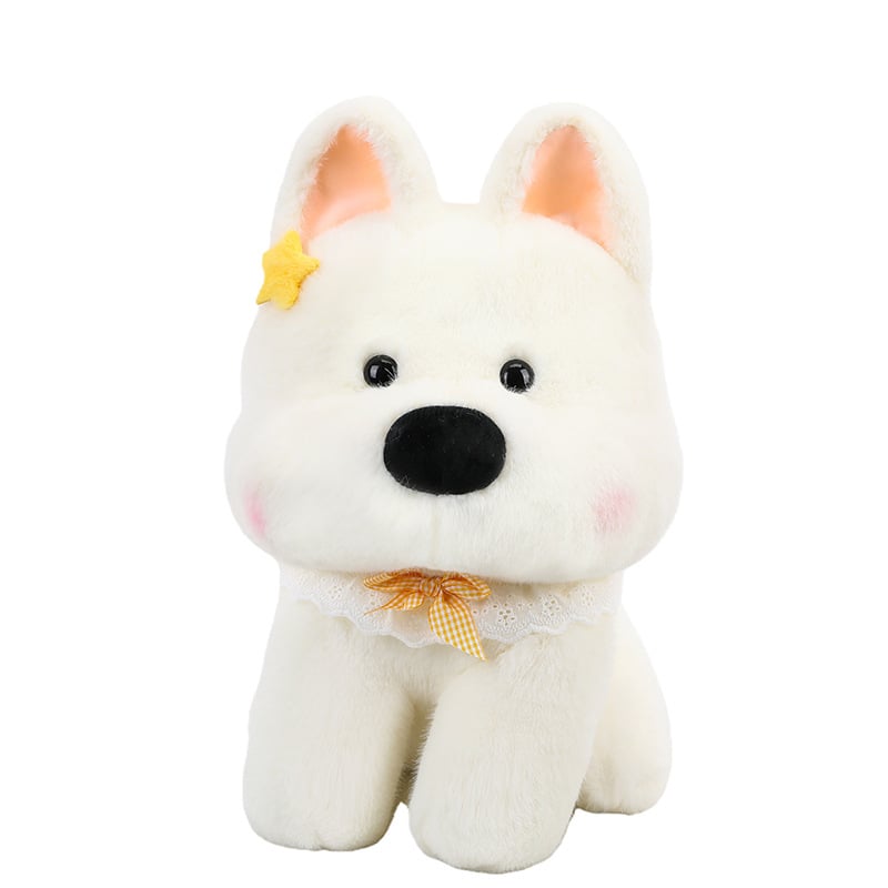 Pliušinė šunų lėlė, aukštos kokybės plišas, PP medvilnės įdėklas, tinklinė pakuotė, pritaikomi pavyzdžiai