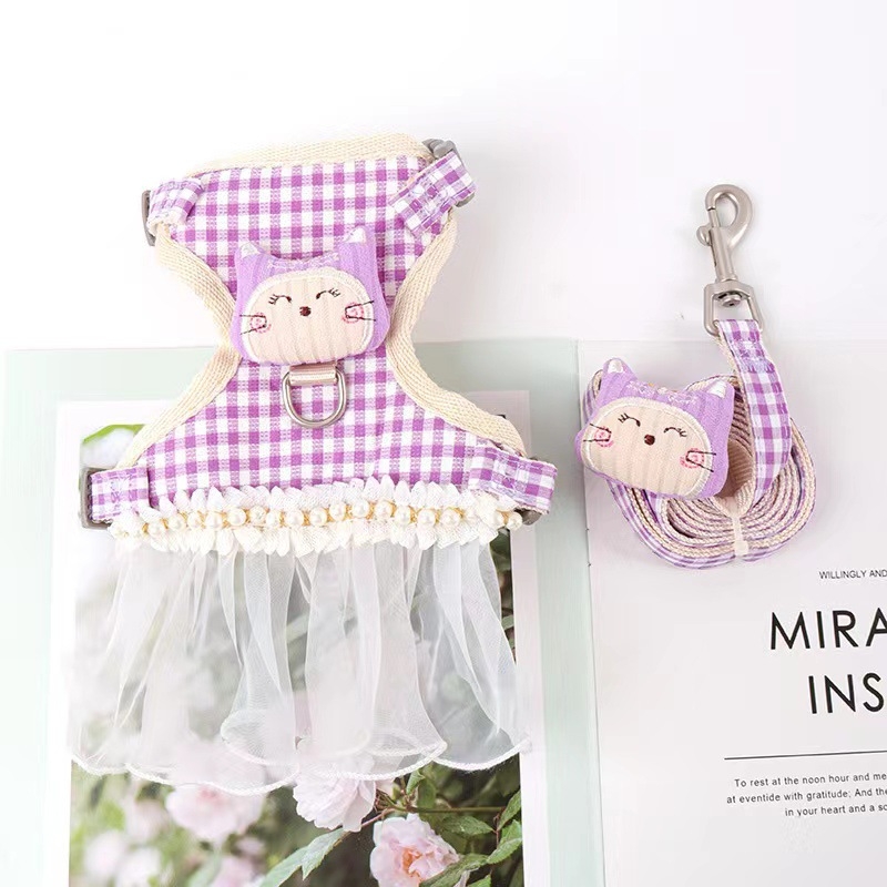 Katės pavadėlio ir apykaklės rinkinys, drobė, ištraukiamas, reguliuojamas